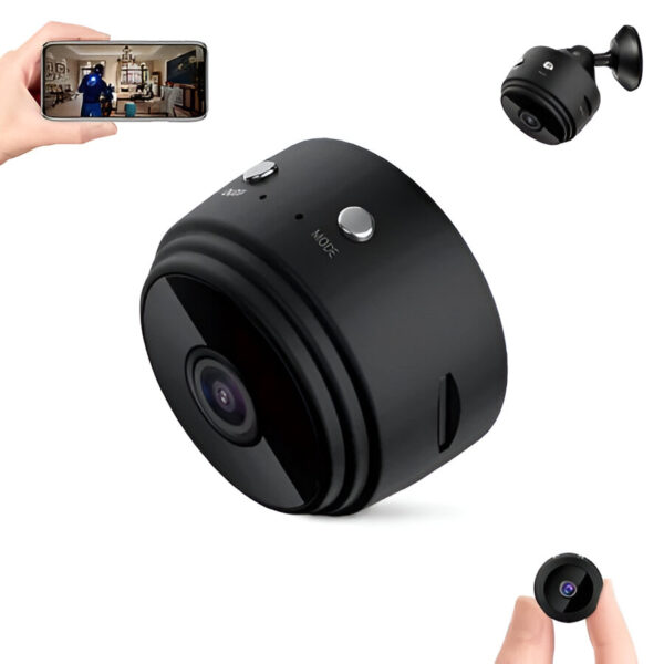 O poza cu mini camera supraveghere din mai multe unghiuri si cum se vede pe telefon